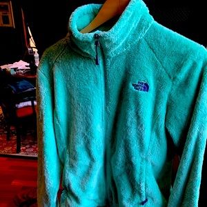 North face full zip or teal green fleece jacket